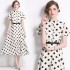 Real time spot French polka dot printed dress for women with stand up collar, short sleeved A-line mid length skirt, with belt included