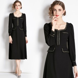 Real time spot new French splicing retro small fragrant style long sleeved women's collar Hepburn black dress