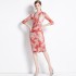 Real shooting spot French pink chiffon printed dress for women, with a waist cinching and slimming look, and a hip hugging skirt