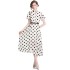 Real time spot French polka dot printed dress for women with stand up collar, short sleeved A-line mid length skirt, with belt included