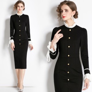 Real time spot French Hepburn patchwork small fragrance Roman slim fit dress