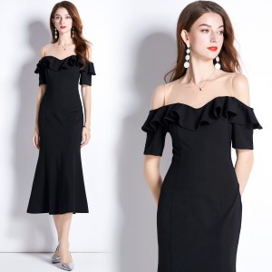 Real shot spot dress, long one shoulder slim fit and slimming, waist cinching fish tail dress, Roman cotton