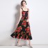 Real time spot fashion show new women's temperament long skirt slim fit suspender printed dress