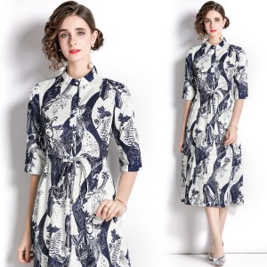 Real time spot new retro printed mid length dress