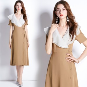 Real shot spot French Hepburn style lotus leaf edge dress for women in summer, niche, belly covering and slimming dress