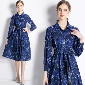 Real shot spot collar rose print long sleeved dress with lining and waist belt included