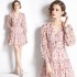 Real shot spot chiffon floral hot stamping waist slimming printed dress