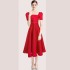 Real time spot French Hepburn style temperament solid color waist slimming big hem square collar dress