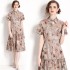 Real time spot new color printed pleated loose hem dress for commuting