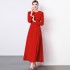 Real time spot European station temperament high-end dress, red long dress, waist cinched pleated dress