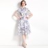 Real time spot printed waist cinching shirt dress with waist belt for commuting