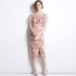 Real shot spot mesh printed patchwork temperament slim fit flower dress for women