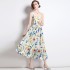 Real time spot fashion show new women's temperament long skirt slim fit suspender printed dress