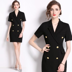 Real shooting of high-end metal buckle waist slimming short skirt commuting women's short sleeved suit skirt in stock