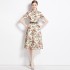 Real time spot printed waist cinching shirt dress with waist belt for commuting