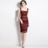 Real shot spot velvet spliced mesh suspender skirt with fishbone folds, slimming dress