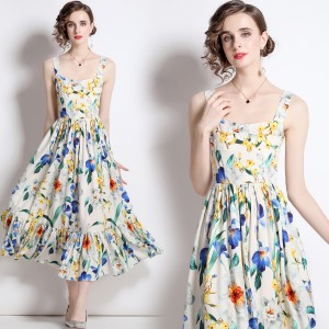 Real time spot fashion show new women's temperament long skirt slim fit suspender printed dress