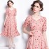 Real shot vintage French tea break skirt with floral short sleeves, long dress with V-neck and bubble sleeves, slimming down