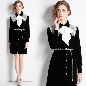 Real shot spot black velvet embroidered collar long sleeved dress jacket with belt included