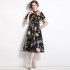 Real time spot European and American fashion show new positioning printed short sleeved cardigan big swing dress