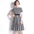 Real time spot European and American fashion show one shoulder plaid slim fit dress