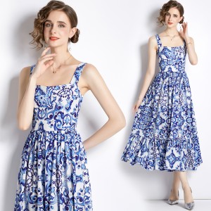 Real time spot fashion show new women's temperament long skirt slim fit suspender printed dress