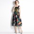 Real shot French retro printed high waisted camisole dress in stock