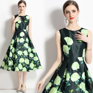 Real shot vintage waist cinched sleeveless printed dress in stock