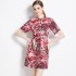 Real time spot new ink painting animal jungle pattern waist cinching slimming short sleeved dress