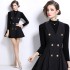 Real shot black V-neck sleeveless dress with double breasted buttons, waist cinched, pleated and fluffy short skirt, sweater set