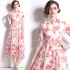 Real shot spot doll collar printed chiffon five quarter sleeve long dress with bellflower stem French 2023 new