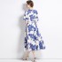 Real time spot new blue and white porcelain printed mid length skirt with waist cinching retro dress