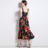 Real time spot fashion show new women's temperament long skirt slim fit suspender printed dress