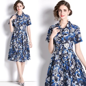 Real time spot European station shirt skirt blue print slimming dress with belt included