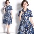 Real time spot European station shirt skirt blue print slimming dress with belt included