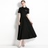 Real shot in stock Roman cotton lapel spliced black dress, light mature style French waist cinched long skirt for children