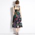 Real shot French retro printed high waisted camisole dress in stock