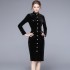 Real time spot women's standing collar long sleeved single breasted lace up commuting velvet dress women's windbreaker