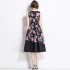 Real shot vintage waist cinching slimming sleeveless printed dress in stock, medium to long style