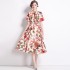 Real time spot printed medium long skirt with slim fit and waist cinching A-line skirt, large swing dress with belt included