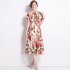 Real time spot printed medium long skirt with slim fit and waist cinching A-line skirt, large swing dress with belt included