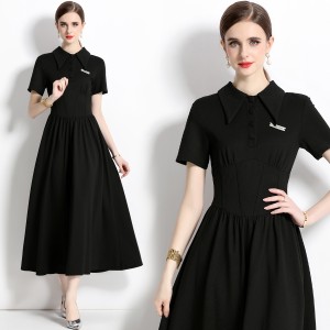 Real shot in stock Roman cotton lapel spliced black dress, light mature style French waist cinched long skirt for children