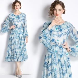 Real time spot European station new chiffon skirt mid long blue printed dress