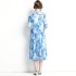 Real shot spot early spring women's blue printed shirt dress