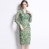 Real shot spot mesh long sleeved dress, new printed tea break dress, waist cinched V-neck wrapped hip skirt dress