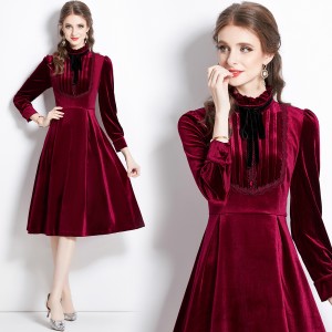 Real shot spot standing collar commuting long sleeved gold velvet dress, slimming mid length dress, dress