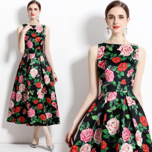 Real time stock sleeveless high waisted dress with three-dimensional cutting and waist cinching A-line skirt