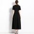 Real shot in stock Roman cotton lapel spliced black dress, light mature style French waist cinched long skirt for children