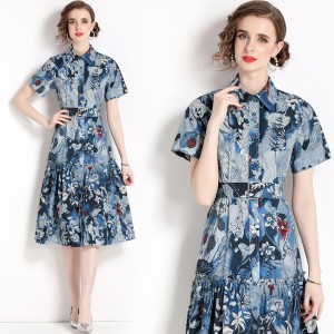 Real time spot new color printed pleated loose hem dress for commuting