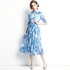 Real shot spot early spring women's blue printed shirt dress